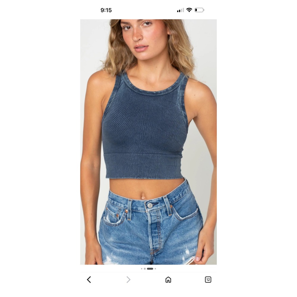 Nikibiki Women Mineral Wash Ribbed Chevron Seamless Crop‎ Tank Top Blue OS